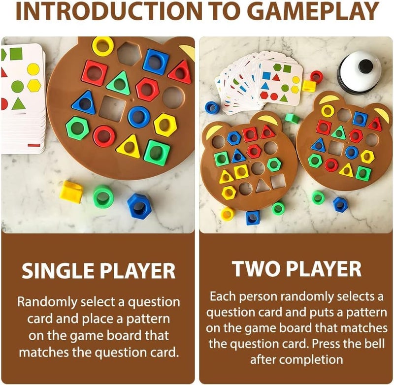 WISHKEY Geometric Shape Matching Board Game for Kids 3-5 Years with Bell – Color Sorting, Shape Recognition Puzzle, Brain Development Educational Toy with 30 Cards & 32 Blocks for Preschool Learning - Image 2