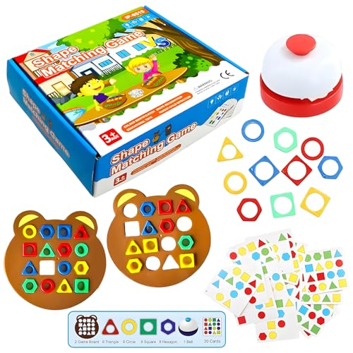 WISHKEY Geometric Shape Matching Board Game for Kids 3-5 Years with Bell – Color Sorting, Shape Recognition Puzzle, Brain Development Educational Toy with 30 Cards & 32 Blocks for Preschool Learning - Image 1