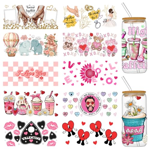 Coowayze UV DTF Cup Wraps Transfer Stickers for 16 oz Glass Cups 10 Sheets Valentine Cup Transfer Wraps Rub on Transfers Decals for Crafts Furniture Uvdtf Cup Vinyl Wrap Bulk for Tumblers Libbey Cups Wood - Image 1