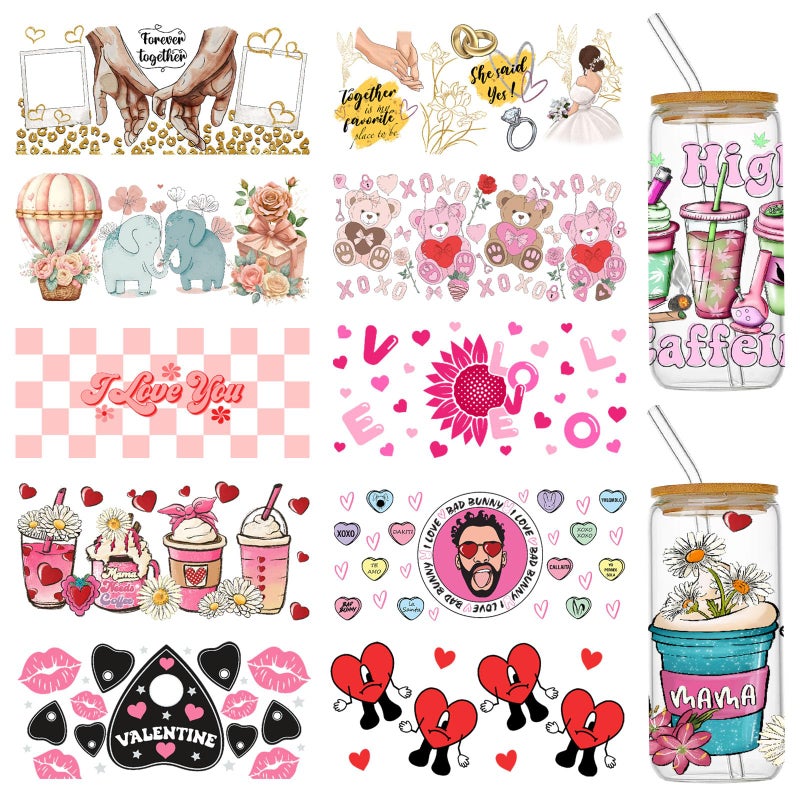 Coowayze UV DTF Cup Wraps Transfer Stickers for 16 oz Glass Cups 10 Sheets Valentine Cup Transfer Wraps Rub on Transfers Decals for Crafts Furniture Uvdtf Cup Vinyl Wrap Bulk for Tumblers Libbey Cups Wood - Image 3