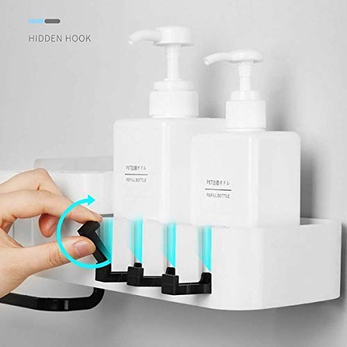 SHRBI Wall Mounted Bathroom Self, Adhesive Storage Holder, Plastic Bathroom/Kitchen Corner Storage Rack with Folding Hook for Sponge & Napkin - Image 4
