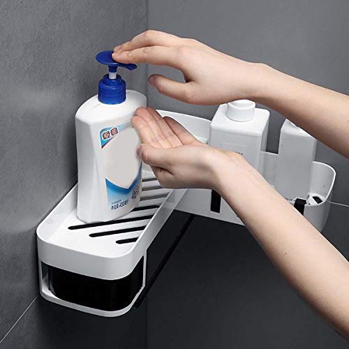SHRBI Wall Mounted Bathroom Self, Adhesive Storage Holder, Plastic Bathroom/Kitchen Corner Storage Rack with Folding Hook for Sponge & Napkin - Image 3