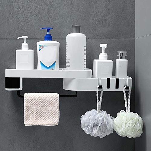 SHRBI Wall Mounted Bathroom Self, Adhesive Storage Holder, Plastic Bathroom/Kitchen Corner Storage Rack with Folding Hook for Sponge & Napkin - Image 2