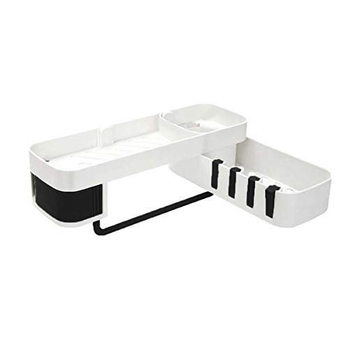 SHRBI Wall Mounted Bathroom Self, Adhesive Storage Holder, Plastic Bathroom/Kitchen Corner Storage Rack with Folding Hook for Sponge & Napkin - Image 1