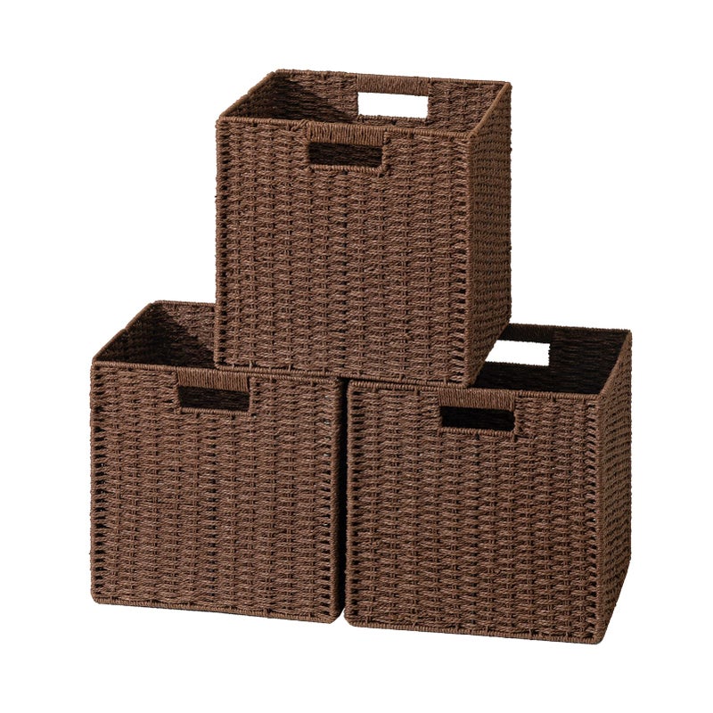 UBBCARE 3 Pack Wicker Basket 11L11H105W inch Woven Paper Rope Storage Baskets for Shelves Foldable Cube Storage bin with Handle Storage Basket for Organizing  Decor Brown