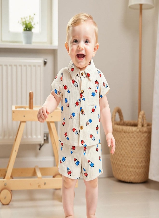 Mobbdow Baby Boy 4th of July Clothes Popsicle Muslin Button Down Short Sleeve Shirts and Shorts Set Toddler Patriotic Outfit (Light Khaki, 6-12 Months) - Image 2