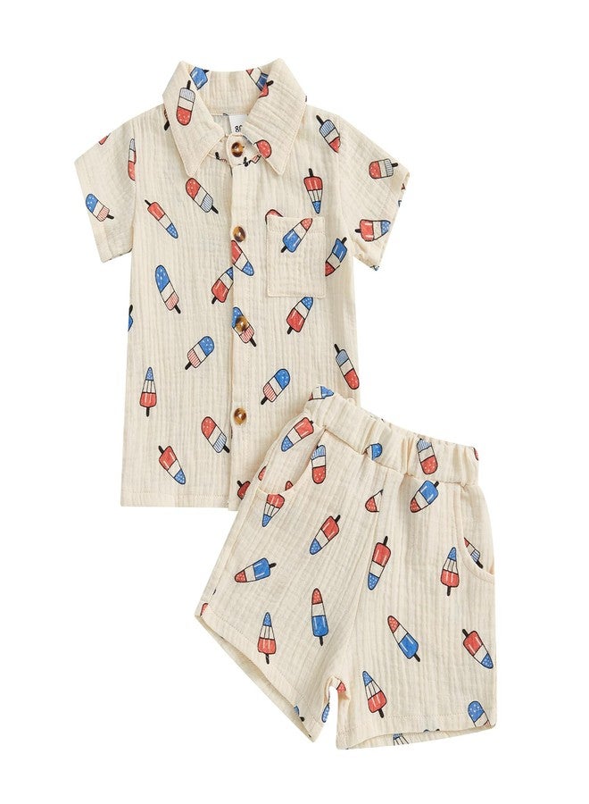 Mobbdow Baby Boy 4th of July Clothes Popsicle Muslin Button Down Short Sleeve Shirts and Shorts Set Toddler Patriotic Outfit (Light Khaki, 6-12 Months) - Image 1