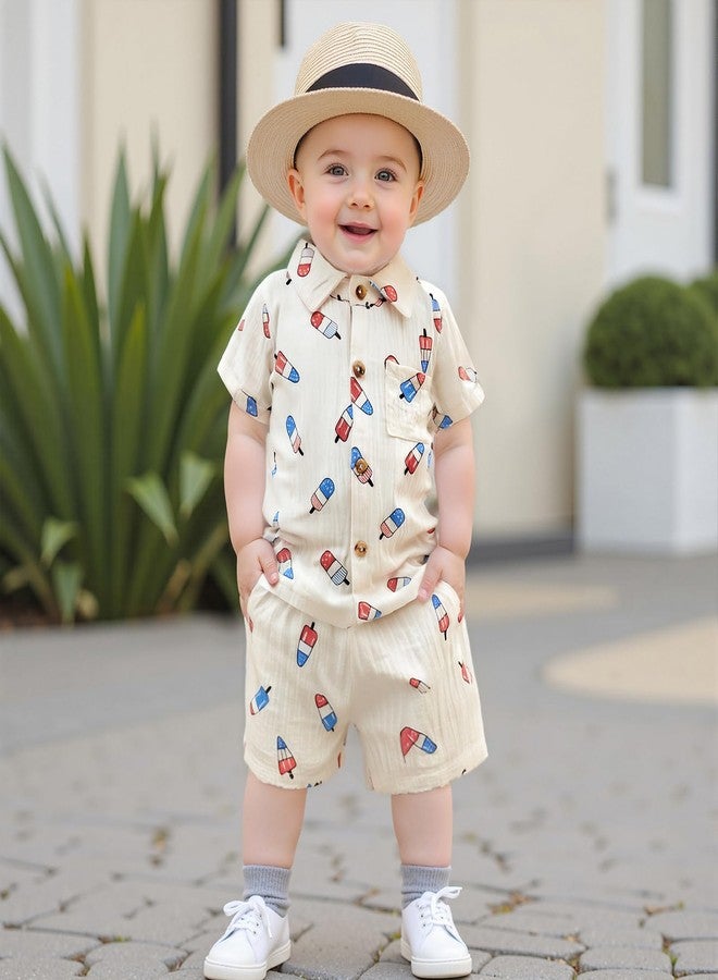 Mobbdow Baby Boy 4th of July Clothes Popsicle Muslin Button Down Short Sleeve Shirts and Shorts Set Toddler Patriotic Outfit (Light Khaki, 6-12 Months) - Image 5