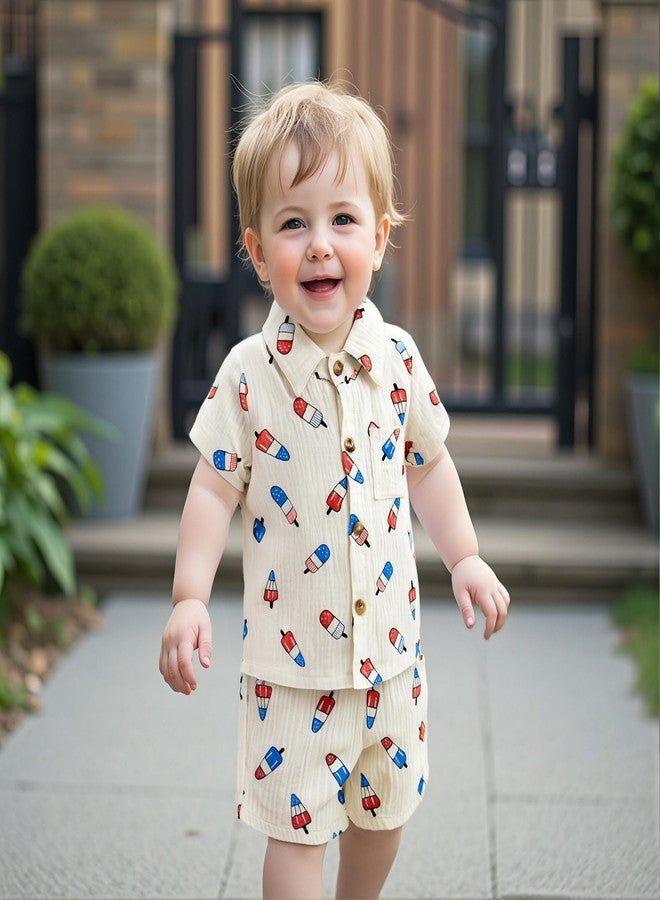 Mobbdow Baby Boy 4th of July Clothes Popsicle Muslin Button Down Short Sleeve Shirts and Shorts Set Toddler Patriotic Outfit (Light Khaki, 6-12 Months) - Image 4
