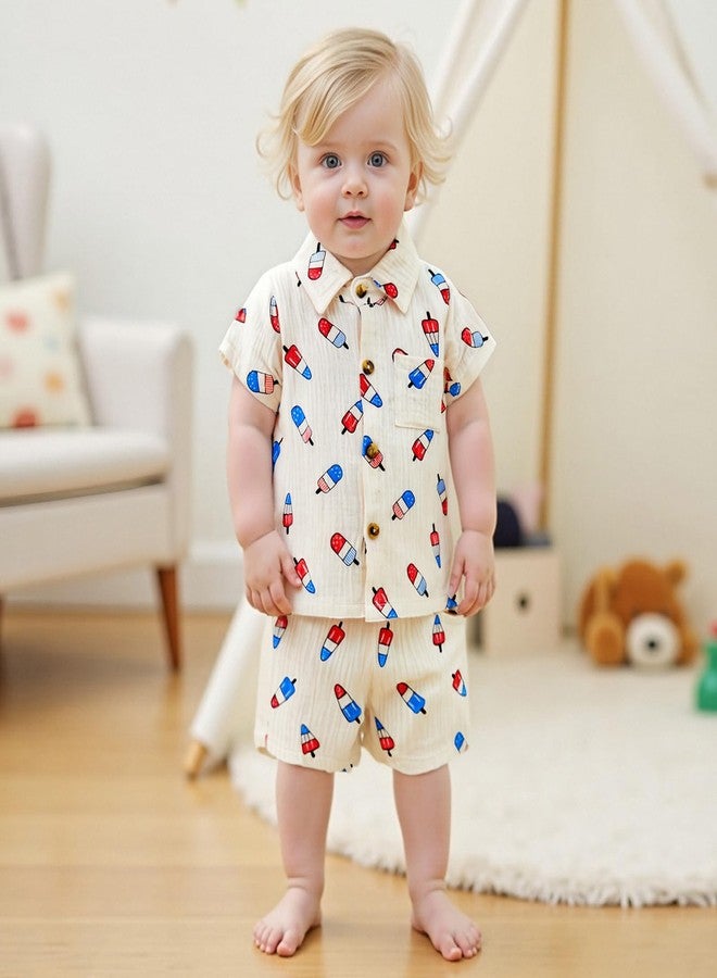 Mobbdow Baby Boy 4th of July Clothes Popsicle Muslin Button Down Short Sleeve Shirts and Shorts Set Toddler Patriotic Outfit (Light Khaki, 6-12 Months) - Image 3