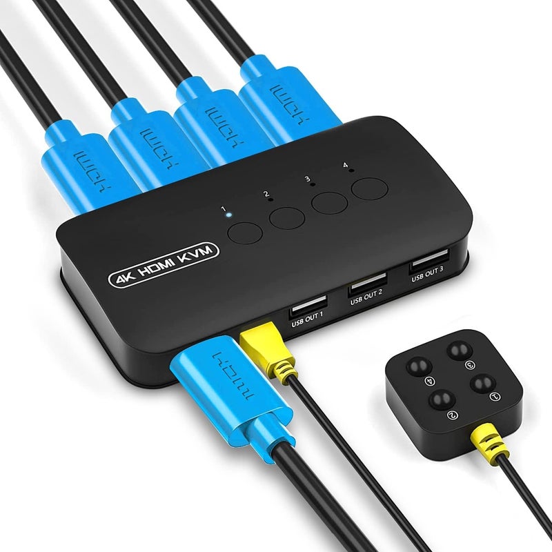 CARE CASE مفتاح KVM HDMI 4K، مفتاح HDMI USB 4 منافذ لأربعة أجهزة كمبيوتر لمشاركة شاشة 4K@30Hz و3 أجهزة USB لوحة مفاتيح ماوس طابعة، بما في ذلك 4 كابلات KVM (CC-4-PORTKVM) - Image 1