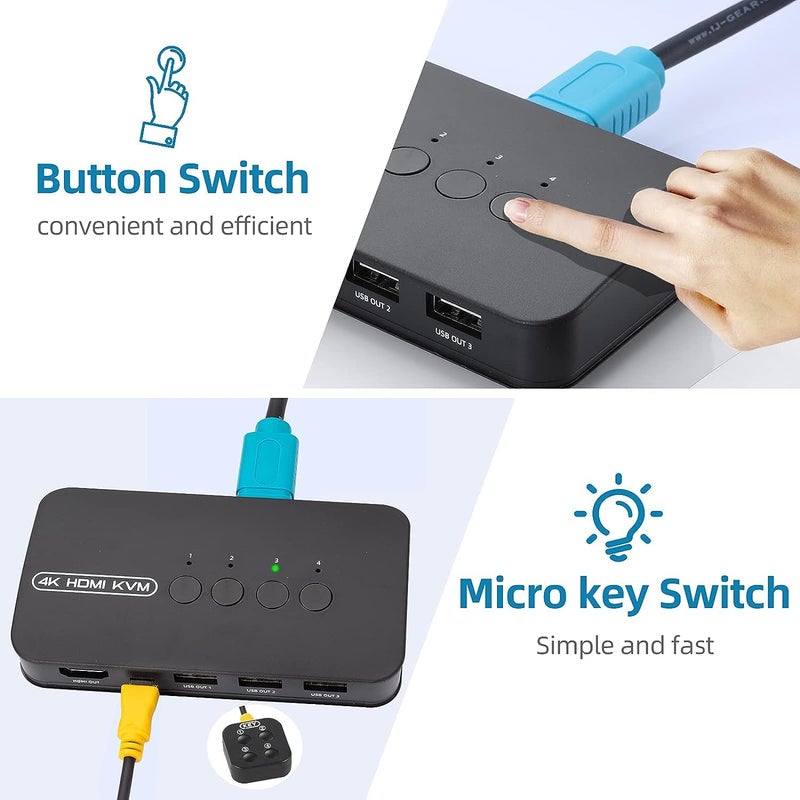 CARE CASE مفتاح KVM HDMI 4K، مفتاح HDMI USB 4 منافذ لأربعة أجهزة كمبيوتر لمشاركة شاشة 4K@30Hz و3 أجهزة USB لوحة مفاتيح ماوس طابعة، بما في ذلك 4 كابلات KVM (CC-4-PORTKVM) - Image 5