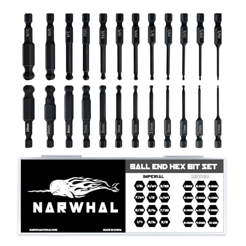 Narwhal Ball End Hex Allen Wrench Drill Bit Set (24 Pack - Metric & SAE Sizes - Magnetic Tipped) - Hardened CR-MO Steel Hexagonal Bits - Perfect Replacement for Ball End Allen Wrenches & Hex Keys - Image 1