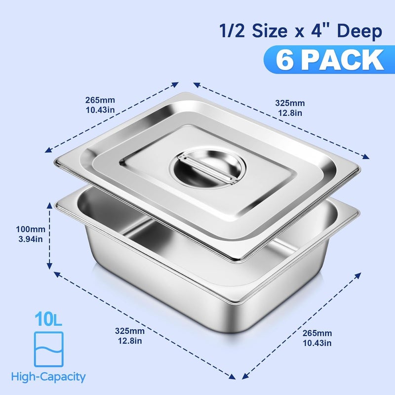 ChieFinch Hotel Pan With Lids 1/2 Size 4 Inch Deep Stainless Steel Chafing Dishes for Buffet, Steam Table Pan, Metal Commercial Food Pans for Food Prep/Catering/Food Serving (6 Pack, Half Size 1/2 x 4" Deep) - Image 2