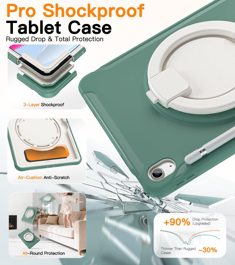 BATYUE Shockproof Case for iPad 10th Gen 10.9" 2022 / 11th Gen (A16) 11" 2025 | 360Â° Multi-Angle Stand (Portrait & Landscape) & Grip, Built-in Screen Protector, Pencil Holder, Jade Green - Image 4