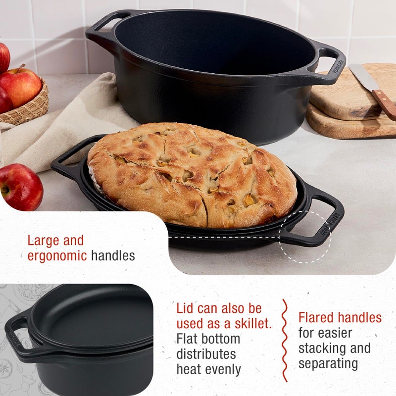 Victoria 6-Quart Cast Iron Oval Dutch Oven, Combination Combo Cooker Pot and Skillet, Bread Baker, Made in Colombia, 2-Piece Set - Image 4