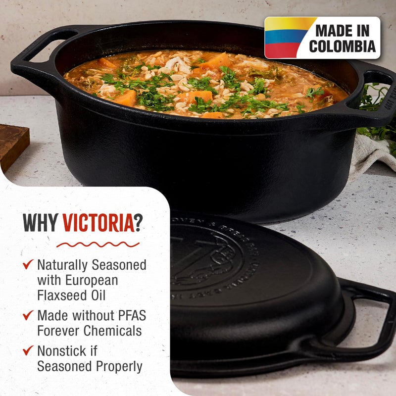 Victoria 6-Quart Cast Iron Oval Dutch Oven, Combination Combo Cooker Pot and Skillet, Bread Baker, Made in Colombia, 2-Piece Set - Image 2