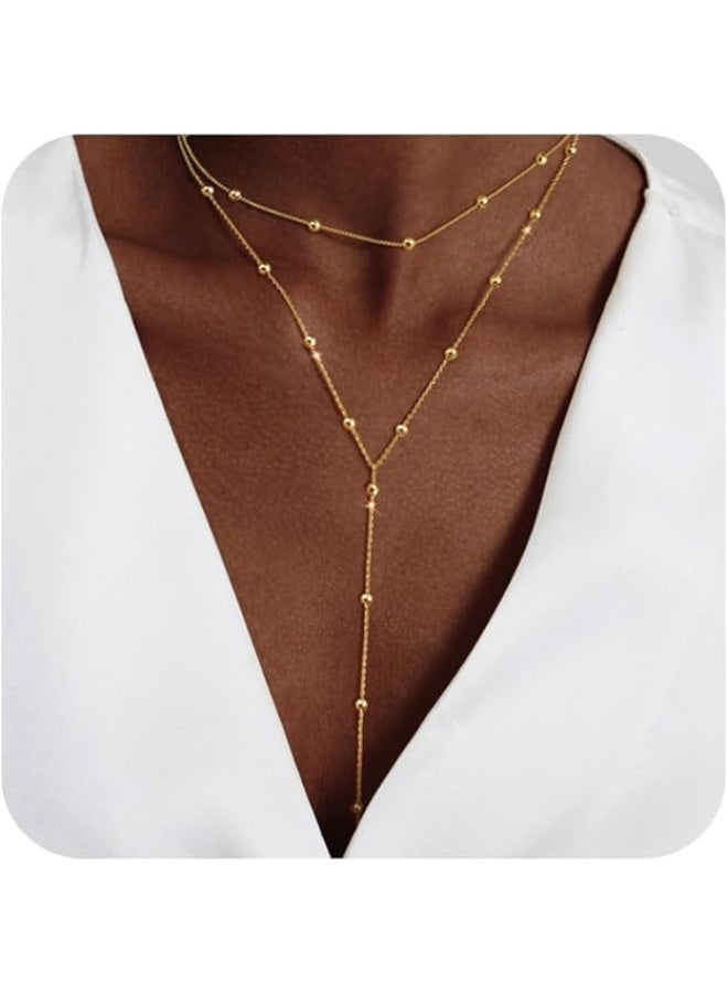 Gold Necklace for Women Lariat Y Necklace 14k Gold Plated Silver Y-Shaped Chain Beaded Dainty, Trendy, Layered, Long Necklaces, Drop Necklaces, Simple, Jewelry, Gifts - Image 1