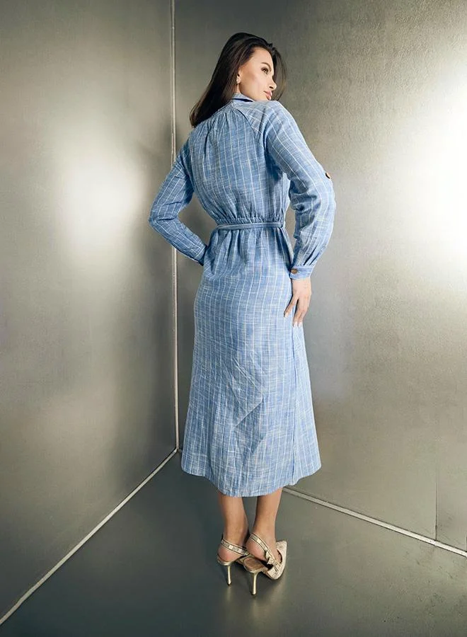 Virgio 100% Cotton Blue Shirt Dress With Cinched Waist