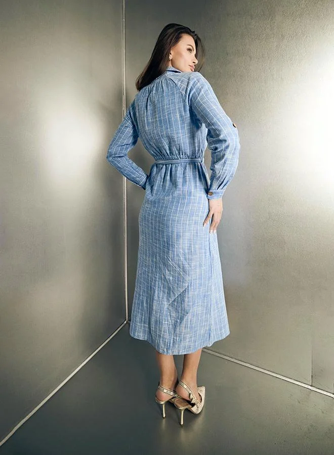 Virgio  100% Cotton Blue Shirt Dress With Cinched Waist for Women | Best Price UAE