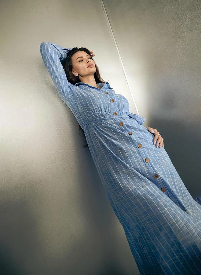 Virgio  100% Cotton Blue Shirt Dress With Cinched Waist for Women | Best Price UAE