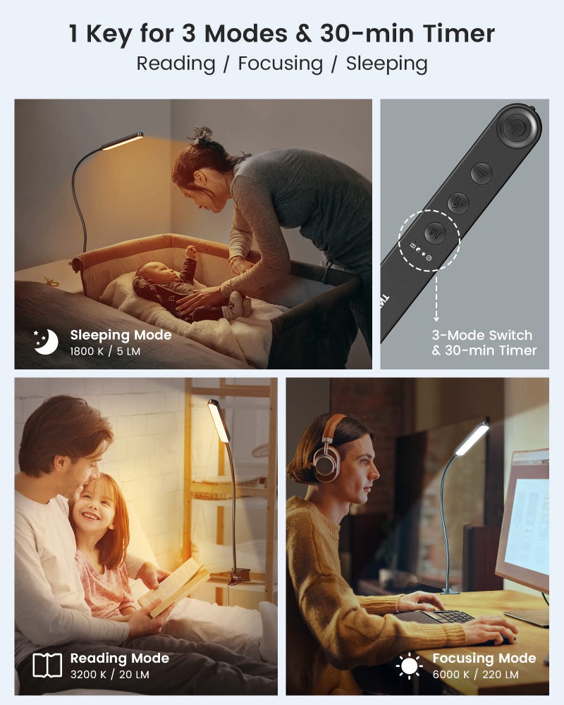 Glocusent 38 LED Clip On Light: 5W Eye Caring Book Lights for Reading at Night - 5 Color & 5 Brightness with a Remote, 30-Min Auto Off Timer, Multi-Purpose Clip Lamp for Bed Reading/Studying/Working - Image 3