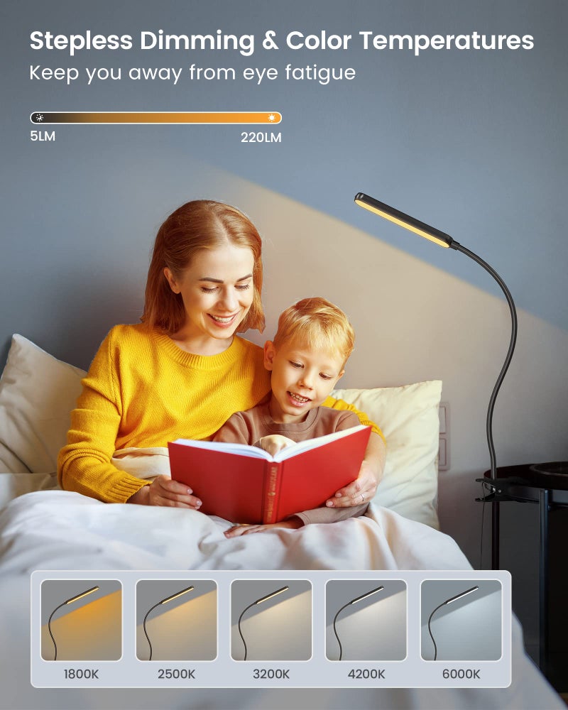 Glocusent 38 LED Clip On Light: 5W Eye Caring Book Lights for Reading at Night - 5 Color & 5 Brightness with a Remote, 30-Min Auto Off Timer, Multi-Purpose Clip Lamp for Bed Reading/Studying/Working - Image 4