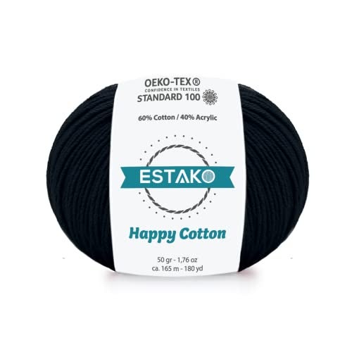 Estako Happy Cotton, 60% Cotton 40% Acrylic Yarn, Soft, Fine/Sport (2) for Crochet and Knitting 1.76 Oz (50g) / 180 Yrds (165m) (4810 - Black) - Image 1