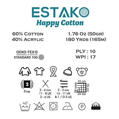 Estako Happy Cotton, 60% Cotton 40% Acrylic Yarn, Soft, Fine/Sport (2) for Crochet and Knitting 1.76 Oz (50g) / 180 Yrds (165m) (4810 - Black) - Image 3