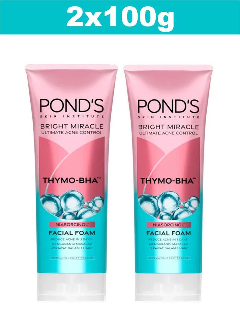 Pond's Bright Miracle Ultimate Acne Conrol Thymo-BHA (Niasorcinol) Facial Foam Reduces Acne in 3 Days 100g x 2 - Image 2
