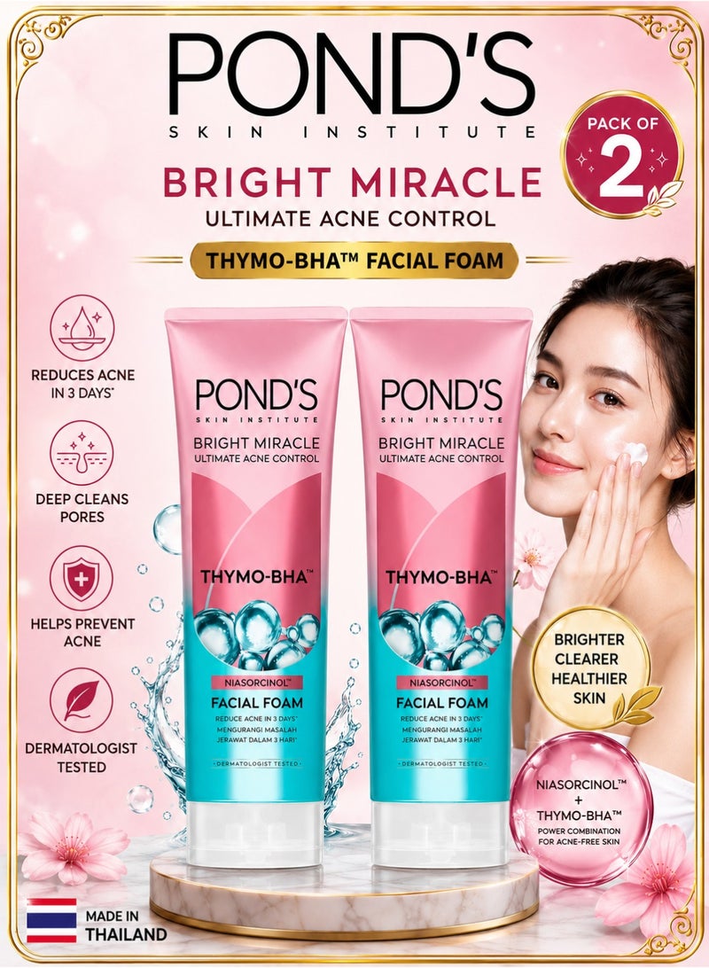 Pond's Bright Miracle Ultimate Acne Conrol Thymo-BHA (Niasorcinol) Facial Foam Reduces Acne in 3 Days 100g x 2 - Image 1