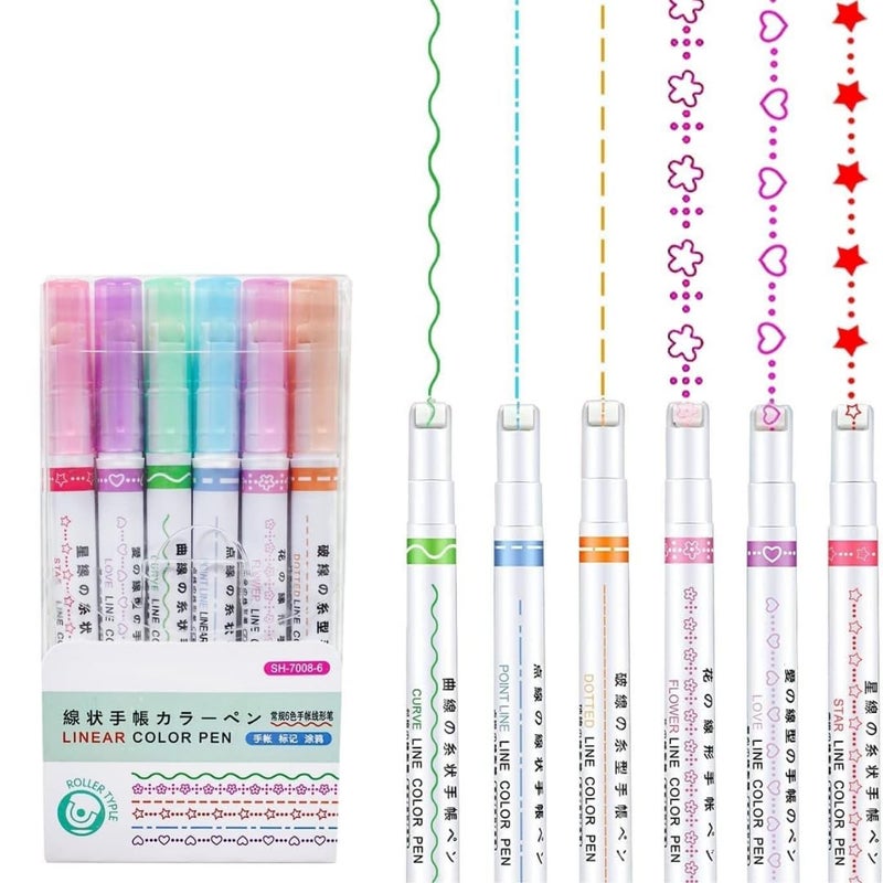 R H LIFESTYLE Linear Roller Colour Pens Highlighter Outline Magic Border Pen Marker Set for School Office Cute Aesthetic Stationery Art and Craft Supplies Pack of 6(DOT LINEAR HIGHLIGHTER)