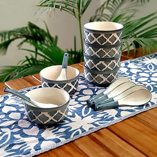 BACKKSPACE RETAIL Ceramic Soup Bowls Set of 6 with Matching Spoons | Elegant Bowls for Soup, Curry, Maggi, Desserts | Microwave & Dishwasher Safe | Perfect for Home and Restaurant- Grey 300ml Each - Image 1