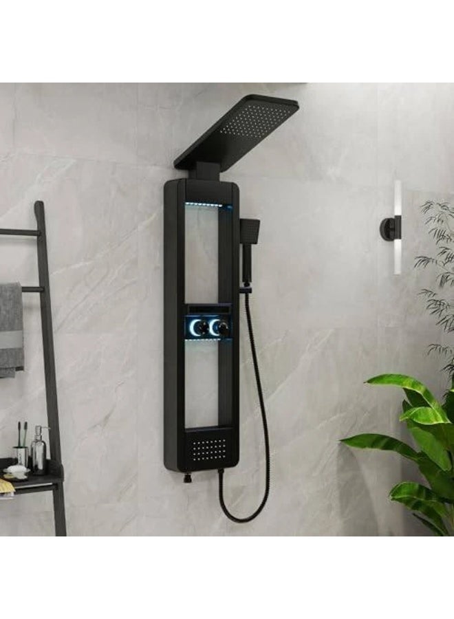 Rectangular digital shower massage with LED screen, water-based, stainless steel + black brass - Image 1