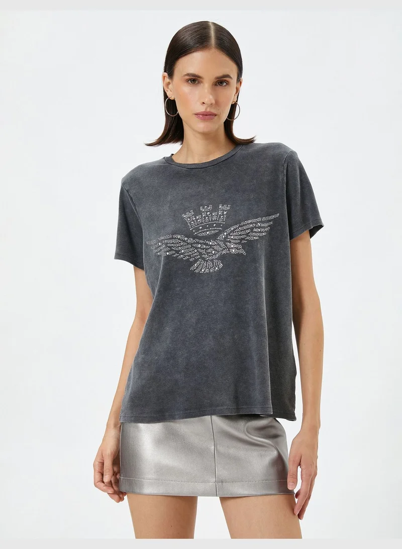 KOTON Cotton Short Sleeve Crew Neck Glitz Stone Embroidered T-Shirt