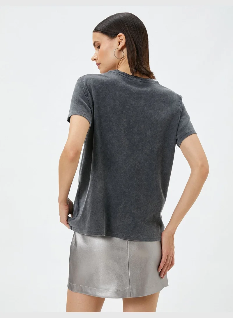 KOTON Cotton Short Sleeve Crew Neck Glitz Stone Embroidered T-Shirt