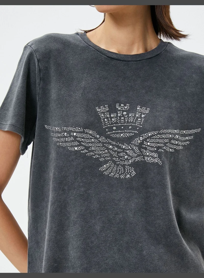 KOTON Cotton Short Sleeve Crew Neck Glitz Stone Embroidered T-Shirt