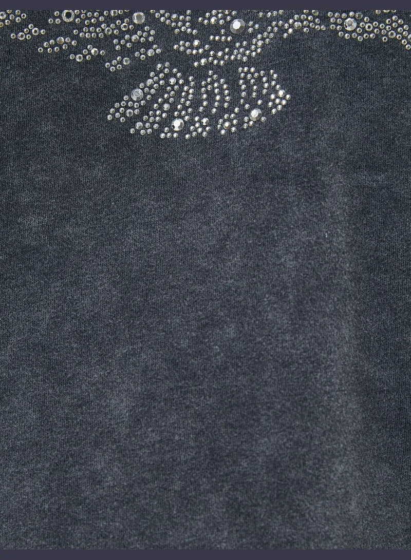 KOTON Cotton Short Sleeve Crew Neck Glitz Stone Embroidered T-Shirt