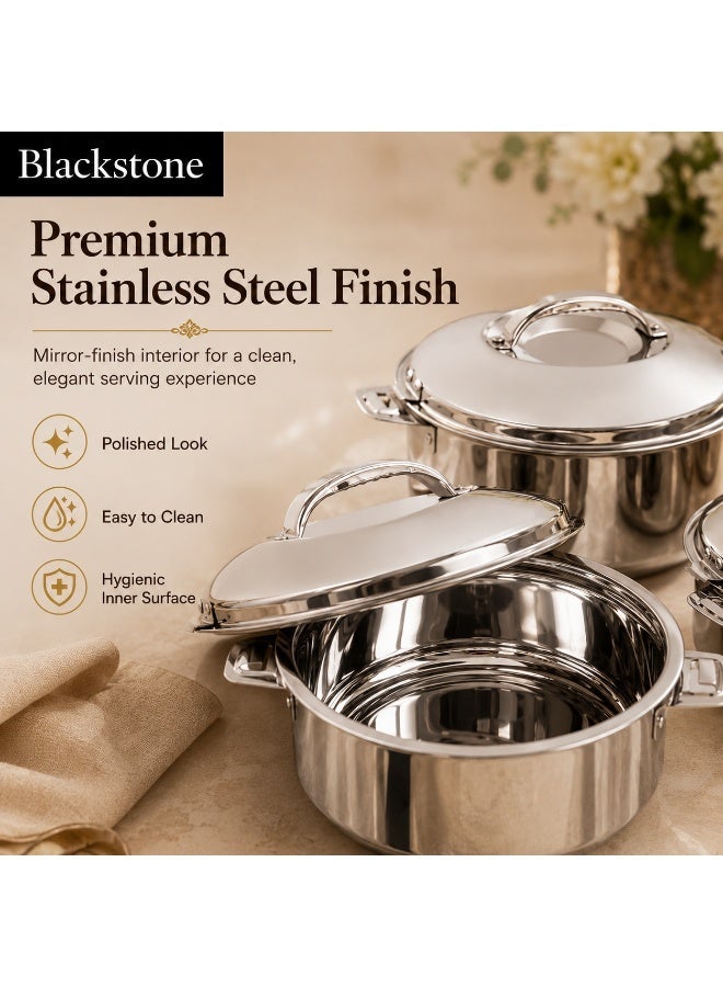 Blackstone Madina Stainless Steel Casserole Mirror Finish Hotpot 3 Piece Set 2.5L 3.5L 5L Silver Food Warmer with Lids - Image 4
