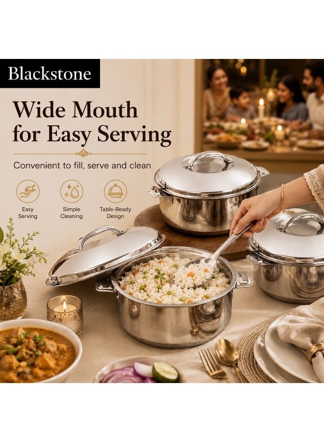 Blackstone Madina Stainless Steel Casserole Mirror Finish Hotpot 3 Piece Set 2.5L 3.5L 5L Silver Food Warmer with Lids - Image 3