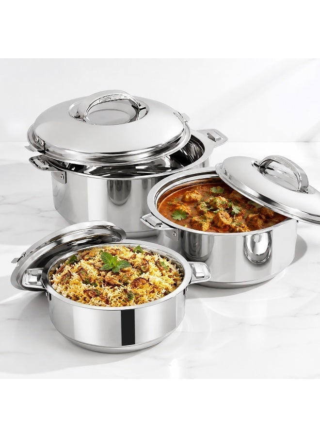 Blackstone Madina Stainless Steel Casserole Mirror Finish Hotpot 3 Piece Set 2.5L 3.5L 5L Silver Food Warmer with Lids - Image 1