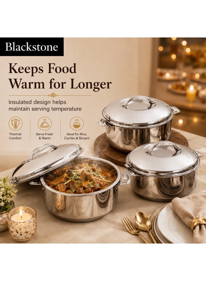 Blackstone Madina Stainless Steel Casserole Mirror Finish Hotpot 3 Piece Set 2.5L 3.5L 5L Silver Food Warmer with Lids - Image 5