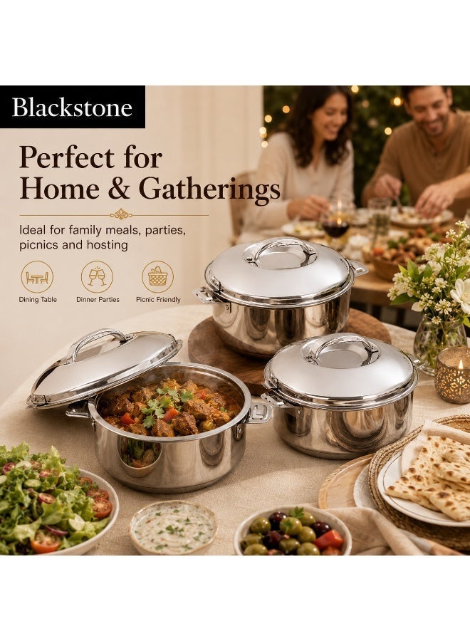 Blackstone Madina Stainless Steel Casserole Mirror Finish Hotpot 3 Piece Set 2.5L 3.5L 5L Silver Food Warmer with Lids - Image 2