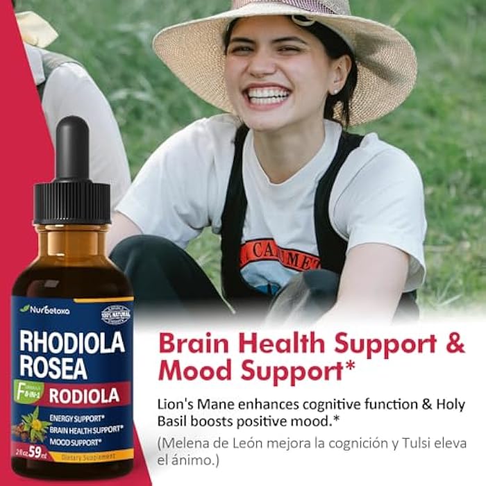Nurbetoxa مستخلص روديولا روزيا (روديولا) قطرات، مكمل طبيعي للتكيف مع أشواغاندا، جنسنغ، ريحان مقدس، وإشيناسيا لدعم الطاقة، صحة الدماغ، المناعة والمزاج. 2 أونصة - Image 3
