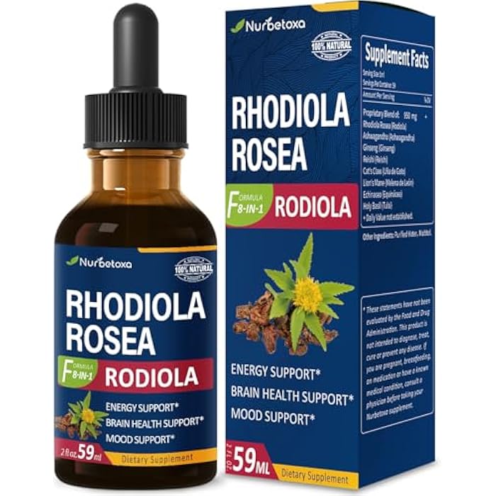 Nurbetoxa مستخلص روديولا روزيا (روديولا) قطرات، مكمل طبيعي للتكيف مع أشواغاندا، جنسنغ، ريحان مقدس، وإشيناسيا لدعم الطاقة، صحة الدماغ، المناعة والمزاج. 2 أونصة - Image 1