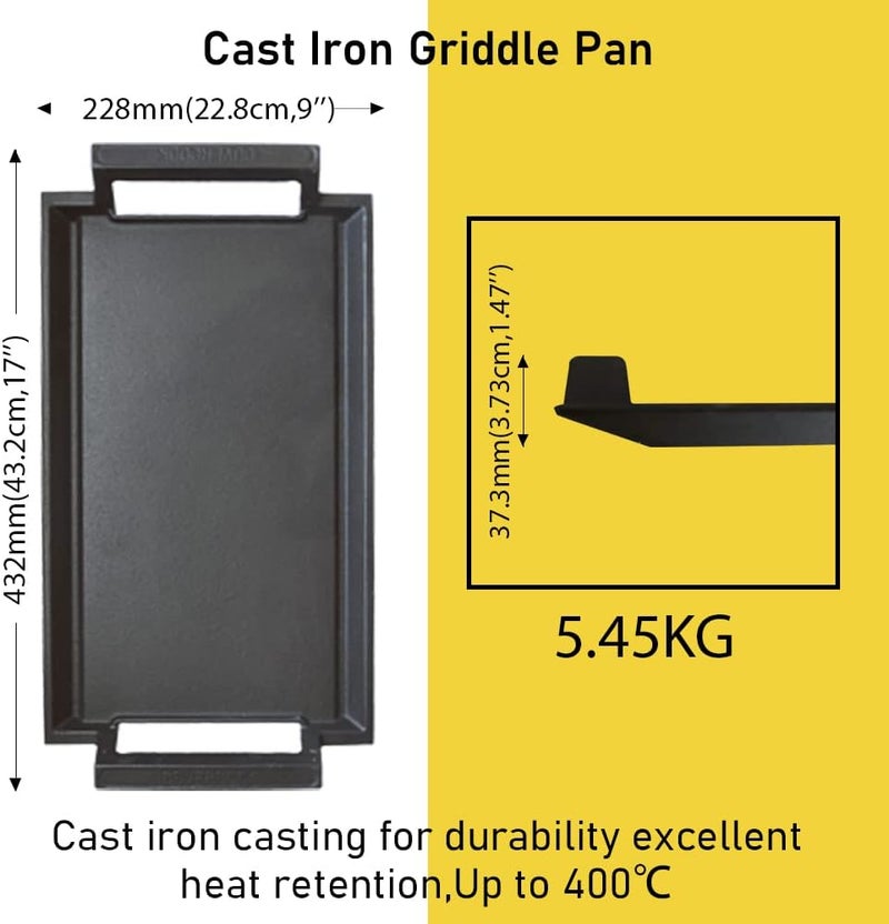 COVERCOOK Griddle Pan, Cast Iron Grill Pan, Rectangular Grill, 2 Handles,Nonstick Griddle with Flat and Ridged Surface for Induction Hob Open Fire Oven Electric Cooktop - Image 3