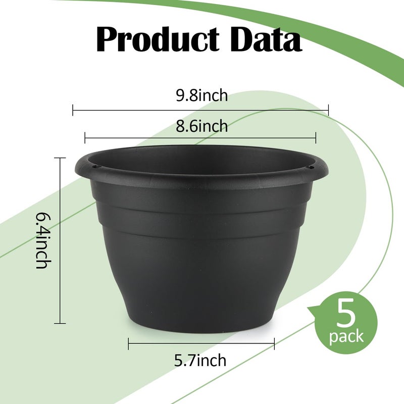 RooTrimmer 5 Pack 10 Inch Plant Pots Plastic Planters with Drainage Holes & Plugs,Lightweight Flower Pots for Indoor Outdoor Plants,Flowers,Monstera,Snake Plant,Home Garden(Black) - Image 3