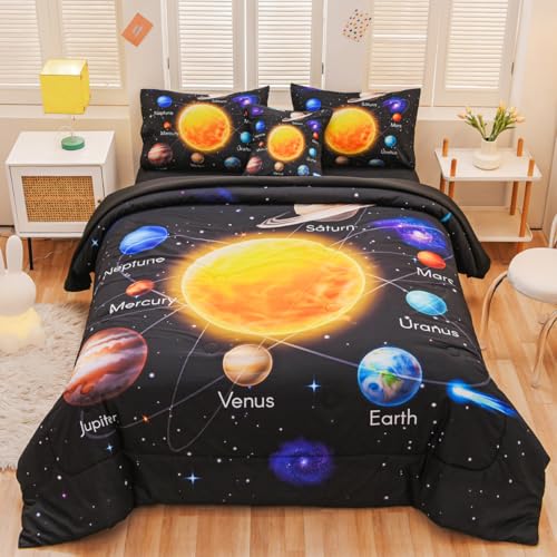 Tasselily 6 Pcs Bed in A Bag Twin Comforter Set for Boys, Solar System Universe Planet Comforter, Space Bedding Sets with Sheets for Kids - Image 1