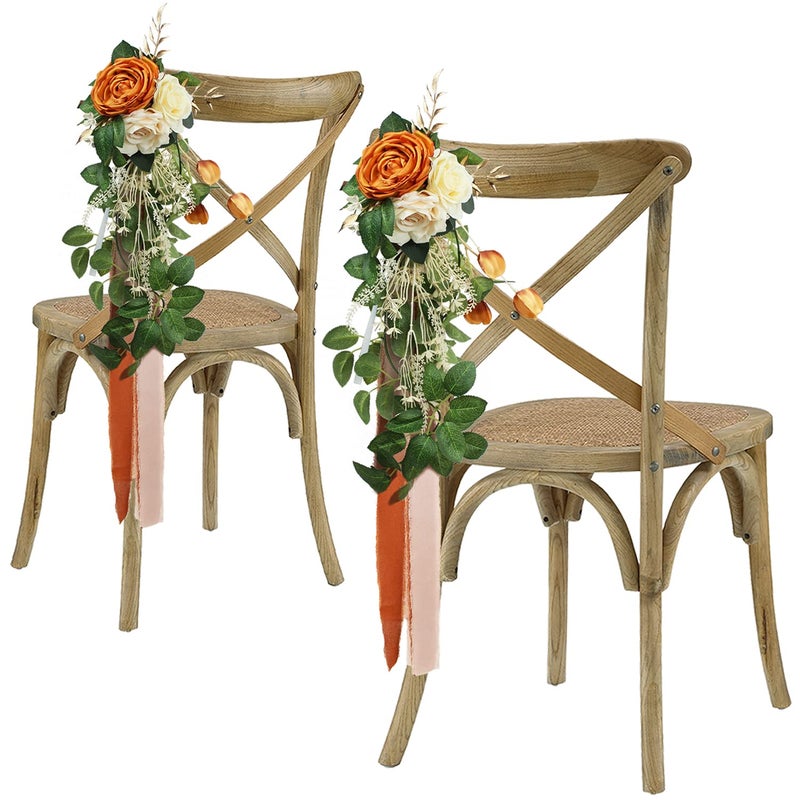 Rinlong 6Pcs Wedding Aisle Decorations Church Chair Bench Flowers for Wedding Ceremony Decor Burnt Orange Artificial Flowers Wedding Chair Decor