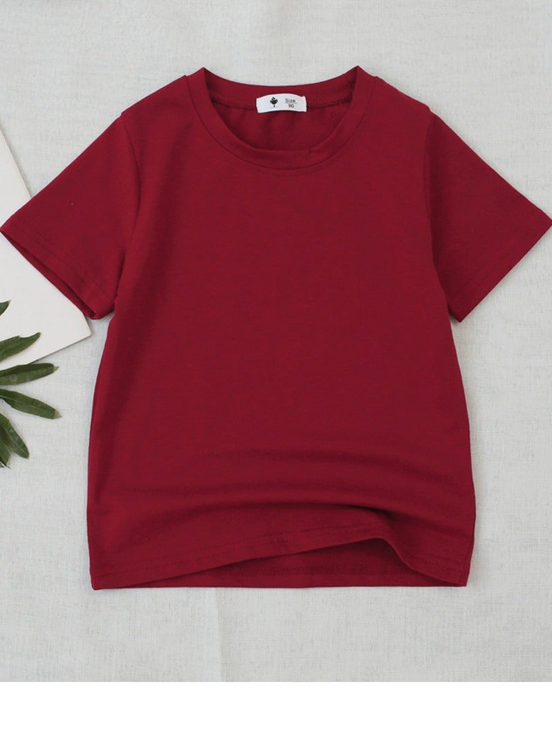 Kid's Solid Color Short Sleeve Crew Neck T-Shirt Cotton Basic Base Tees Wine Red 